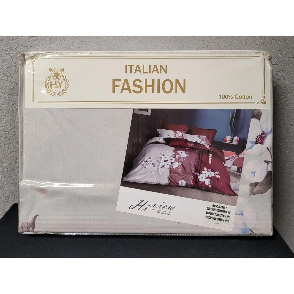 Italian Fashion Queen Size Duvet Cover Set 6 Pcs Design #HY-889 Red/Gray Floral